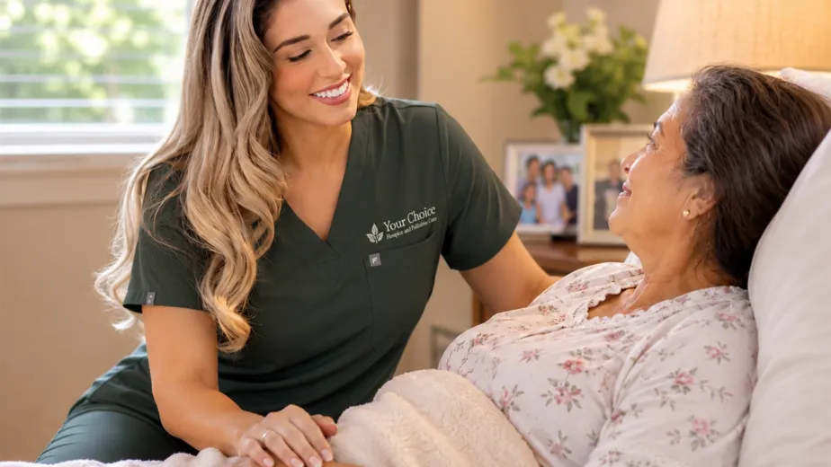 Your Choice Hospice nurse holding a smiling elderly woman's hand during in-home hospice care in Houston.